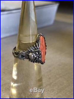 Antique Chinese or Tibetan Carved Coral Mystic Eternity Knot Silver Dragon Ring