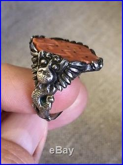 Antique Chinese or Tibetan Carved Coral Mystic Eternity Knot Silver Dragon Ring