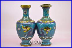 Antique, Chinese, pair, dragon cloisonne vases, 9.25 inches tall