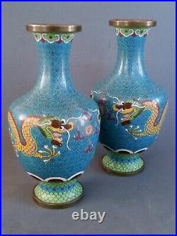 Antique Chinese pair of matching copper cloisonne Dragons vases, 6.75 tall