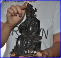 Antique Chinese pure Bronze Dragon sit Guan Gong Yu Guangong Warrior God Statue