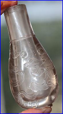 Antique Chinese rare carved rock crystal vase with dragons, QING DYNASTY Rare