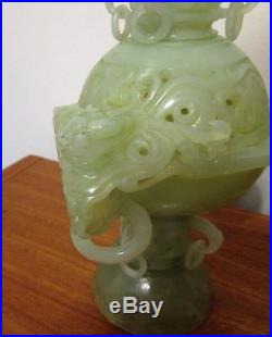Antique Chinese serpentine jade censer hand carved with dragons 19th