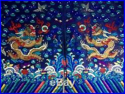 Antique Chinese silk embroidered summer dragon robe, blue, 5-claw dragons
