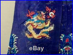 Antique Chinese silk embroidered summer dragon robe, blue, 5-claw dragons