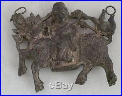 Antique Chinese silver HUGE & heavy pendant necklace warrior riding Dragon horse