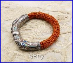 Antique Chinese silver enamel salmon coral beaded dragon heads bangle