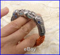 Antique Chinese silver enamel salmon coral beaded dragon heads bangle