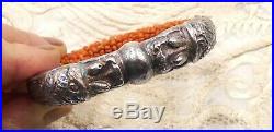 Antique Chinese silver enamel salmon coral beaded dragon heads bangle