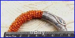 Antique Chinese silver enamel salmon coral beaded dragon heads bangle