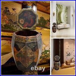 Antique Dragon Tea/Rice Wood Barrel Chinese 1800's Painted Dragon Fish Flowers