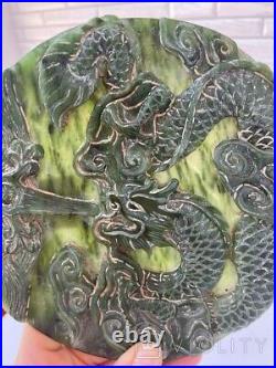 Antique Dragons Plate Chinese Jade Stand Wood Decor Engrave Orient Rare Old 20th