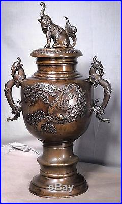 Antique Early 1900s BIG Chinese Bronze Urn Lid Elephant Dragon Birds Sculpture