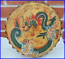 Antique Early 1900s Double Sided Chinese Hide Tack Drum Hand Painted Dragon/Bird