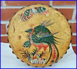 Antique Early 1900s Double Sided Chinese Hide Tack Drum Hand Painted Dragon/Bird