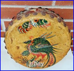 Antique Early 1900s Double Sided Chinese Hide Tack Drum Hand Painted Dragon/Bird