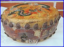 Antique Early 1900s Double Sided Chinese Hide Tack Drum Hand Painted Dragon/Bird