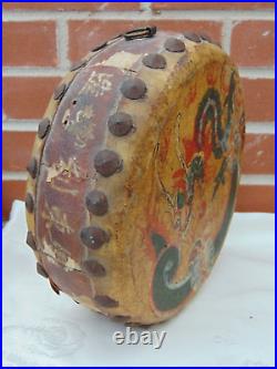 Antique Early 1900s Double Sided Chinese Hide Tack Drum Hand Painted Dragon/Bird