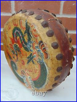 Antique Early 1900s Double Sided Chinese Hide Tack Drum Hand Painted Dragon/Bird