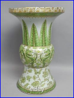 Antique Early 20c Chinese Porcelain Green Gilded Double Dragon & Pearl Vase