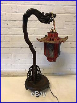 Antique Early 20th Century Chinese Exotic Wood Carved Dragon Lamp