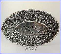 Antique Early 20th Century Hand Chased Chinese Solid Silver Dish Bamboo Dragon