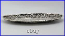 Antique Early 20th Century Hand Chased Chinese Solid Silver Dish Bamboo Dragon