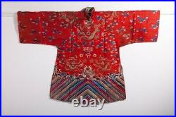 Antique Embroidered Red Silk Chinese Dragon Robe Coat Qing Dynasty 19 C