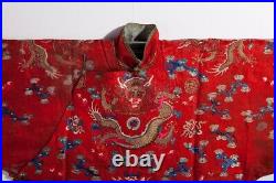 Antique Embroidered Red Silk Chinese Dragon Robe Coat Qing Dynasty 19 C