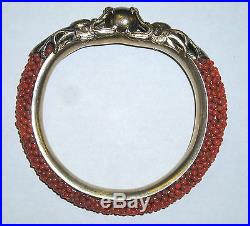 Antique Export Chinese Hallmarked Silver & Coral Double Dragon Head Bangle