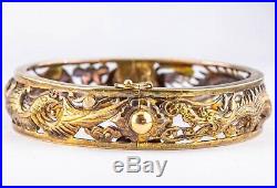 Antique Fine Chinese 14k Gold Bangle Bracelet with Dragon and Phoenix 7 37.9g