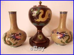 Antique Fine Pair of Chinese Cloisonne Vases & Urn And Cover Dragons