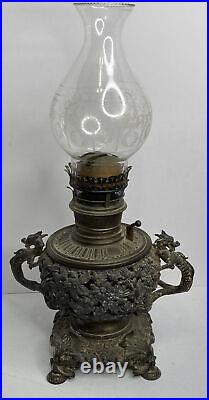 Antique Gilt Dragon Kerosene Oil Lamp Oriental Chinese Bradley & Hubbard