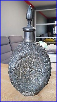 Antique Glass Decanter Brass Dragons and floral motifs Liquor old Chinese China
