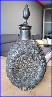 Antique Glass Decanter Brass Dragons and floral motifs Liquor old Chinese China