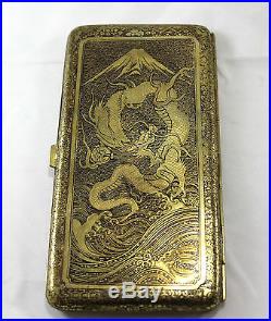 Antique Golden Brass Oriental Chinese Dragon Pagoda Scene Cigarette Money Case