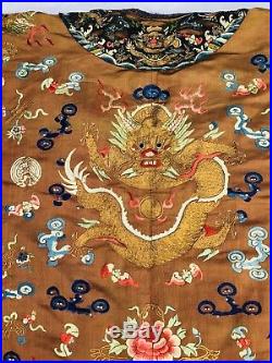 Antique Golden Brown Chinese Silk Satin Brocade Dragon Robe NR