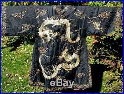 Antique Gumps San Francisco Chinese Embroidered Black Silk Dragon Robe Fabulous