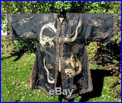 Antique Gumps San Francisco Chinese Embroidered Black Silk Dragon Robe Fabulous