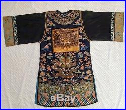 Antique Han Chinese Dragon Robe gold embroidery Blue Qing 1860s AUTHENTICATED