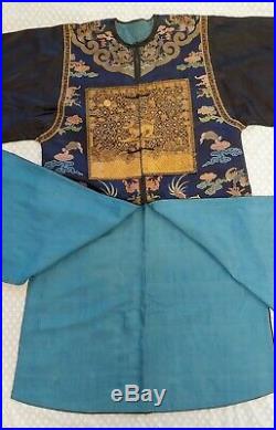 Antique Han Chinese Dragon Robe gold embroidery Blue Qing 1860s AUTHENTICATED