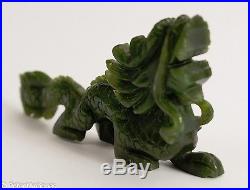 Antique Hand Carved Chinese Spinach Green Nephrite Jade Dragon Statue