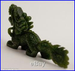 Antique Hand Carved Chinese Spinach Green Nephrite Jade Dragon Statue