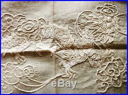 Antique Hand Embroidered 27 X 19 CHINESE DRAGON Silk Draw Work Tablecloth
