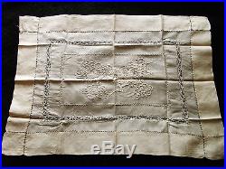 Antique Hand Embroidered 27 X 19 CHINESE DRAGON Silk Draw Work Tablecloth
