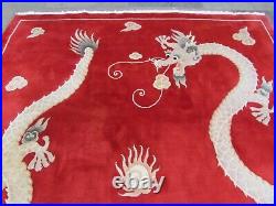 Antique Hand Made Art Deco Chinese Oriental Red Wool Carpet 370x266 Dragon Scene