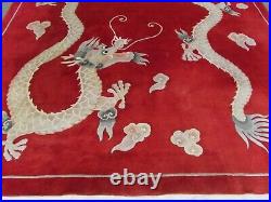 Antique Hand Made Art Deco Chinese Oriental Red Wool Carpet 370x266 Dragon Scene