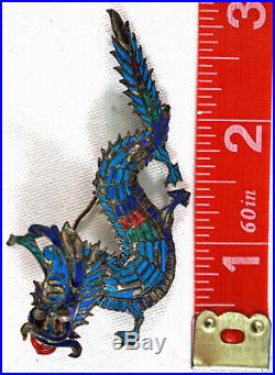 Antique Hand Made Silver & Enamel Chinese Dragon Pin / Brooch