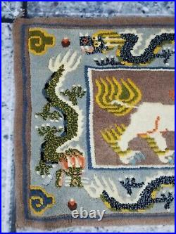 Antique Hand Made Traditional Chinese Dragons Fu Dog Art Deco Wool Rug 63x40cms