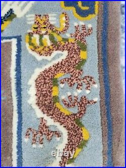 Antique Hand Made Traditional Chinese Dragons Fu Dog Art Deco Wool Rug 63x40cms